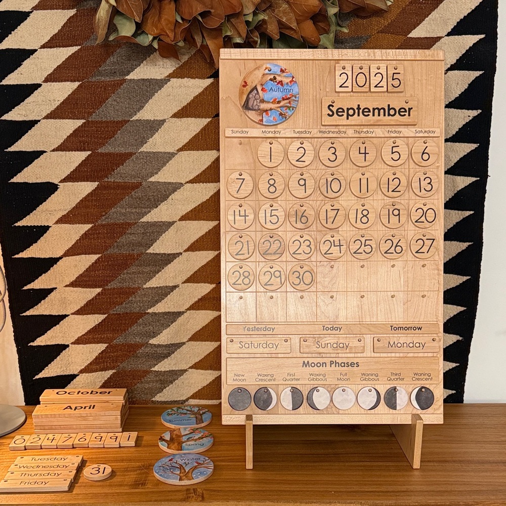 Wooden Perpetual Calendar with Moon Phases